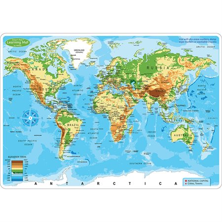 Smart Poly® Learning Mat, 12" x 17", Double-Sided, World Map Physical